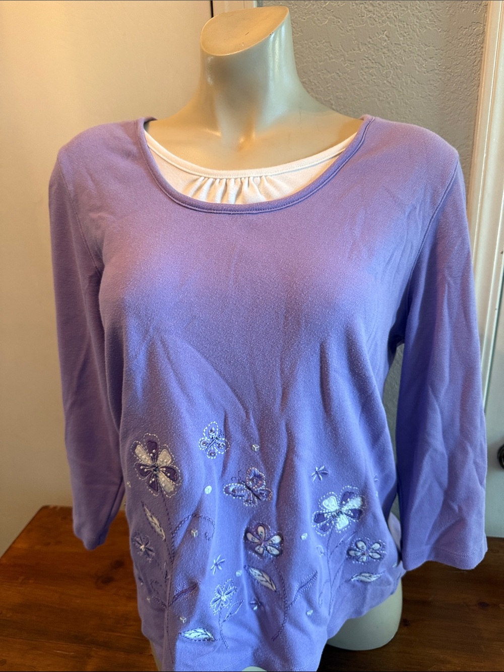 Alfred Dunner Lavender Long Sleeve Tee with Embroidered Butterflies